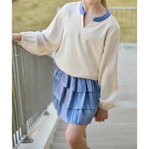 Pleat Collection Milly Top -‎ Cream/Blue